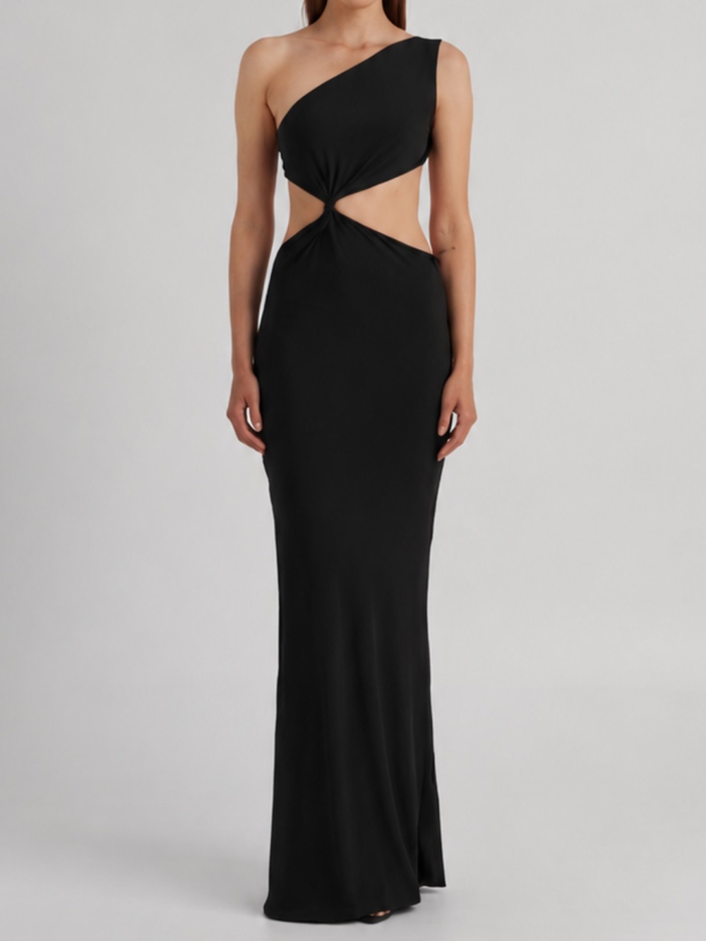Y2K cache black rayon gown dress one shoulder waist cutouts